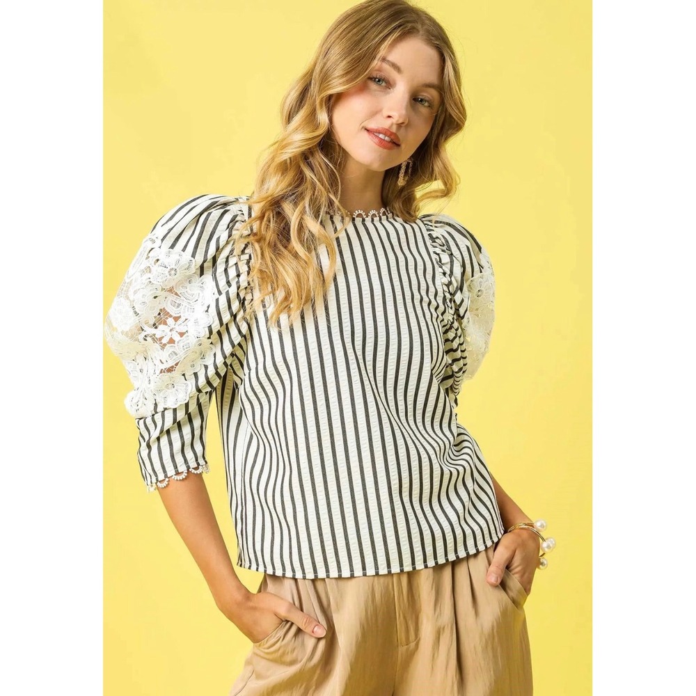NEW Umgee Black White Striped Seersucker Lace Puff Sleeve Blouse Top Large